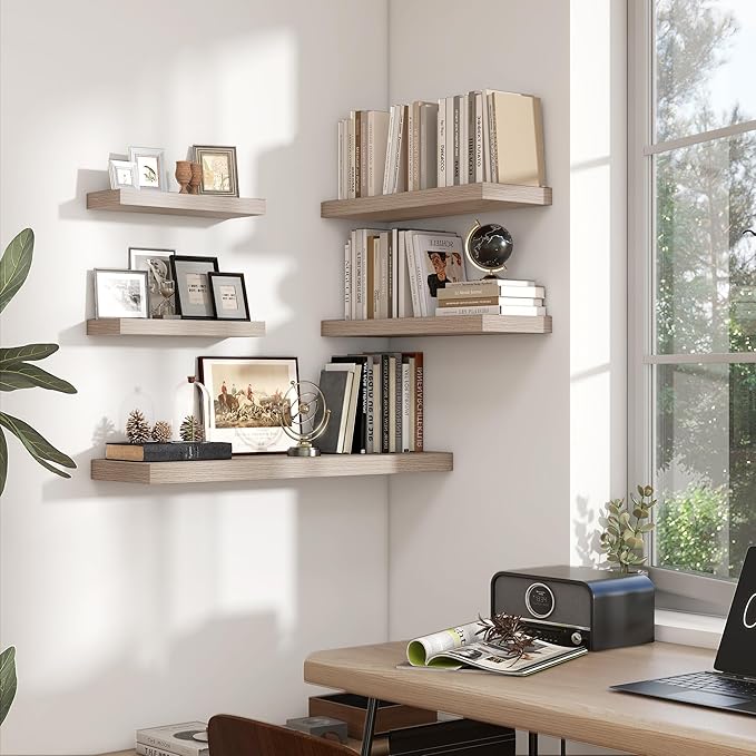 Heimlove 24 inch Floating Shelves for Wall,9.3 inch deep Grey Bathroom Over Toilet Shelf,Wall Mounted Rustic Wood Shelves for Bedroom,Living Room,Kitchen,Office Decor Set of 2-Grey