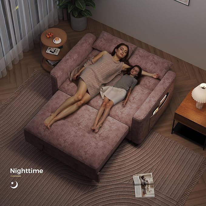 3 in 1 Convertible Sleeper Sofa Bed, Pull Out Couch Bed with Adjustable Backrest, Chenille Loveseat Couches with Side Pocket for Living Room, Bedroom (Pink)