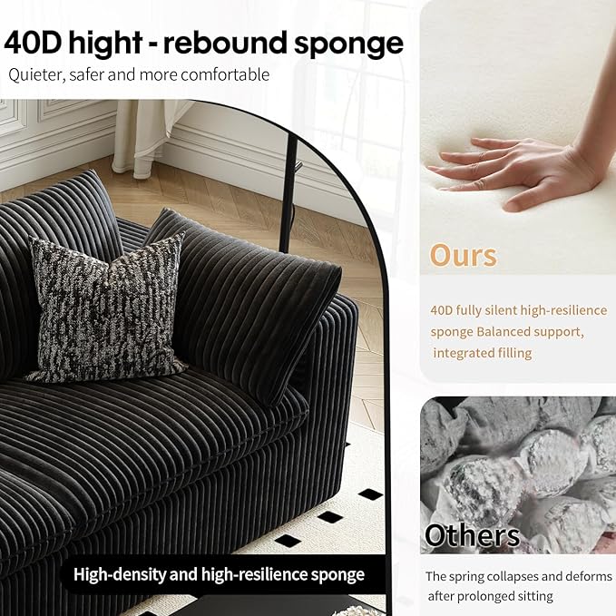 157.5" Cloud Couch Modular Sectional Sofa for Living Room,Modern Sofa with Deep Seat,4 Seater Boneless Couch,Comfy Upholstered Corduroy Couches for Apartment, Studio, Office,Bedroom,Black