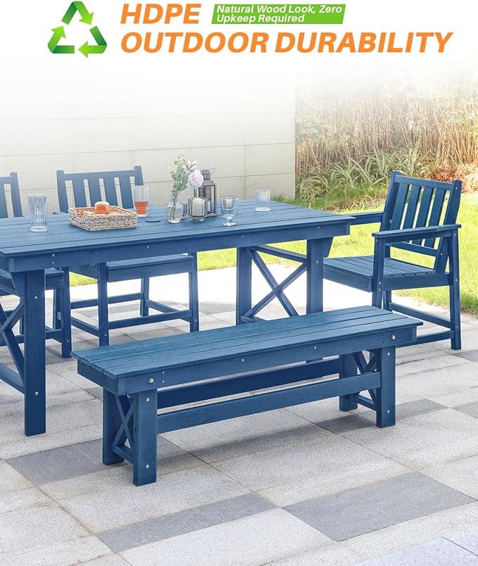 HDPE Outdoor Dining Set of 6, Patio Dining Table Set with 4 Chairs and 1 Bench, 6 Pieces HDPE Dining Set with Umbrella Hole, Outdoor Furniture Sets for Deck, Poolside, Garden, Navy