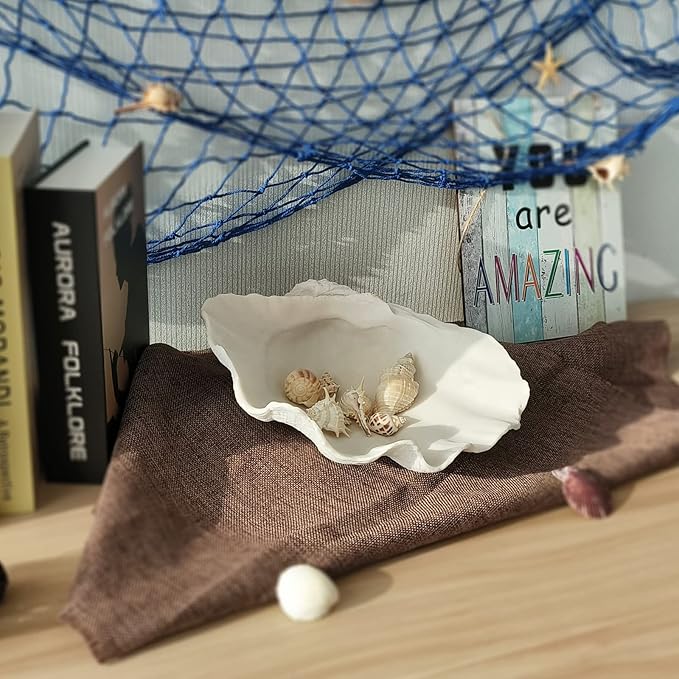 Accessoryway Large White Sea Shells Decorative Bowl Resin Clam Shell Bowl Beach Decorations for Home Coastal Beach Decor Decoration Storage Bowls & Home Office Nautical Themed Party Decor -10.2"-1PC