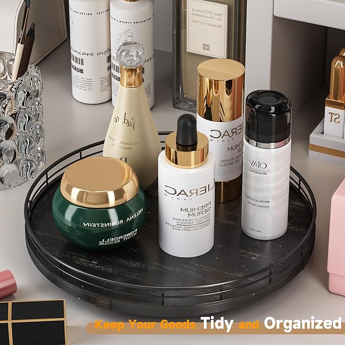 12" Oak Bathroom Vanity Tray Turntable for Perfume Candle, Round Wooden Decorative Tray for Kitchen Sink Countertop Organizer, Bathroom Counter Organizer for Skincare Makeup, Farmhouse Black Gold
