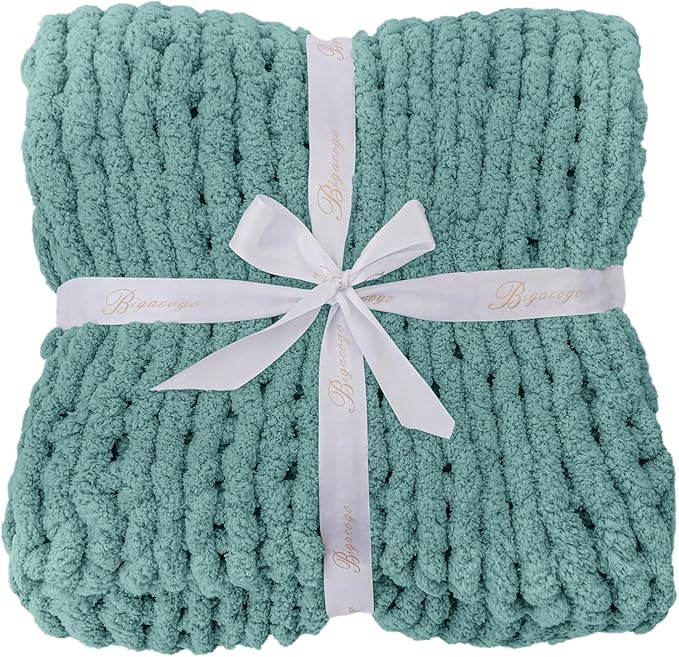 Bigacogo Chunky Knit Throw Blanket for Couch, 51x63 inches, 100% Hand Knitted with Thick Jumbo Chenille Yarn, Cozy Soft Large Rope Knot Cable Crochet Blankets for Sofa Bed Living Room, Light Teal