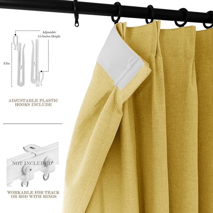 120" Wx108 L Linen Room Divider Drapes for Doorway/Glass Window/Sliding Door/Patio, Extra Wide Pinch Pleated Full Blackout Curtains for Girls Boys Teen Kids Room, 1 Panel, Yellow