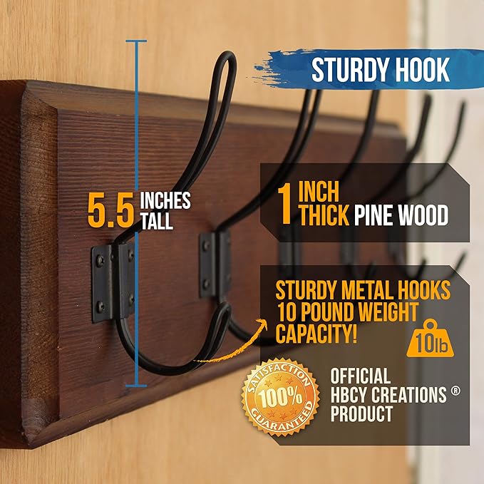 HBCY Creations Dark Wash Brown Rustic Coat Rack Wall Mount with 5 Hooks, Solid Pine Wood 24 inch Wall Hooks for Entryway, Mudroom, Hallway, Bathroom - Vintage Farmhouse Style Wall Mounted Towel Rack