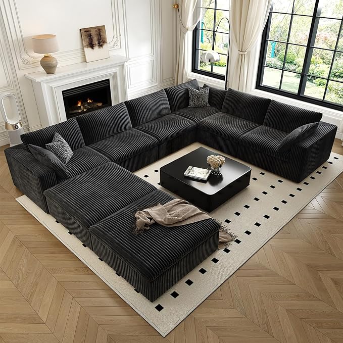 157.5" Cloud Couch Oversized Modular Sectional Sofa for Living Room,Modern Sofa with Deep Seat,8 Seater Boneless Couch with 2 Ottoman,Comfy Upholstered Couches for Apartment, Studio, Office,Black