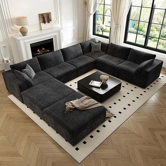 157.5" Cloud Couch Oversized Modular Sectional Sofa for Living Room,Modern Sofa with Deep Seat,8 Seater Boneless Couch with 2 Ottoman,Comfy Upholstered Couches for Apartment, Studio, Office,Black
