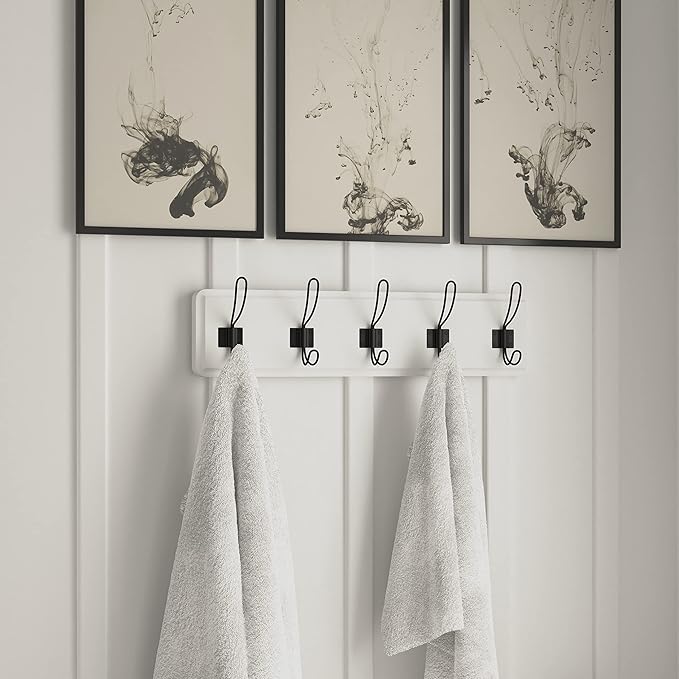 HBCY Creations White Solid Wood Wall Mounted Coat Rack with Shelf, 5 Hooks, 24" Long - Kitchen, Mudroom, Entryway, Bathroom - Includes Mounting Hardware, Coat Hanger, Dog Leash Hooks, Towel Rack