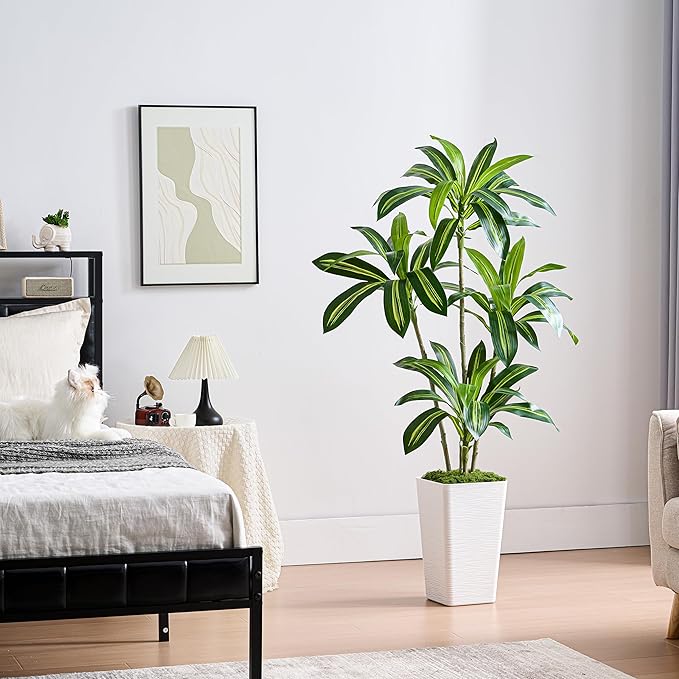 Artificial Dracaena Tree Artificial Silk Tree Faux Tree Fake Tropical Yucca Floor Plant with White Tall Planter (1, White Tall Planter, 5FT)