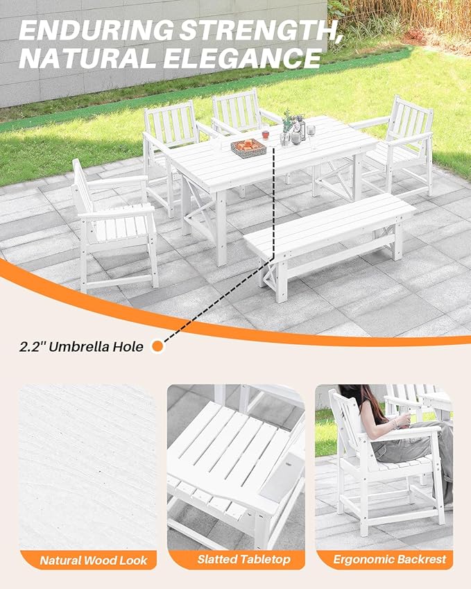 HDPE Outdoor Dining Set of 6, Patio Dining Table Set with 4 Chairs and 1 Bench, 6 Pieces HDPE Dining Set with Umbrella Hole, Outdoor Furniture Sets for Deck, Poolside, Garden, Pearl