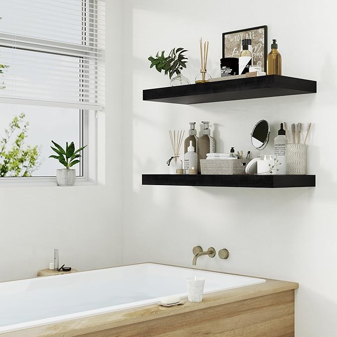 Heimlove 12" Deep Floating Shelves Black,Over Toilet Long Wall Mounted Modern Farmhouse 36 inches,Wall Shelves with Invisible Brackets for Bedroom, Bathroom, Living Room, Kitchen, Set of 1