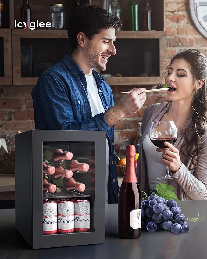 6 Bottles and 6 Cans Compact Beverage Refrigerator, Freestanding Mini Fridge with Temperature Control for Beer Wine, Under Counter Small Refrigerator Adjustable Shelve & Glass Door for Home and Bar