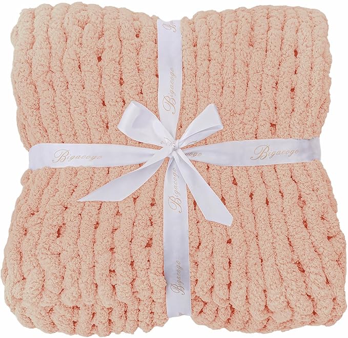 Bigacogo Chunky Knit Throw Blanket for Couch, 51x63 inches, 100% Hand Knitted with Thick Jumbo Chenille Yarn, Cozy Soft Large Rope Knot Cable Crochet Blankets for Sofa Bed Living Room, Peach Fuzz