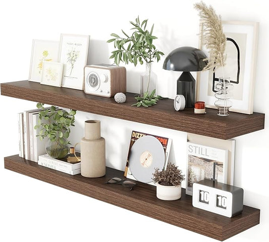 Heimlove 48 Inch Floating Shelves for Wall 8 Inch Deep Walnut Shelves Set of 2,Wall Mounted Rustic Wood Long Floating Shelf,Large Display & Storage Shelf with Invisible Brackets