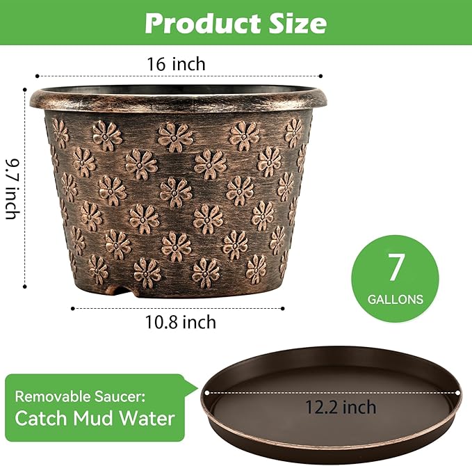 16 Inch Planter Pots for Plants, Plastic Large Flower Pots Indoor Outdoor, 4 Pack Resin Plant Pot with Drainage & Saucer, Retro Decorative Garden Pot with Removable Trays for House