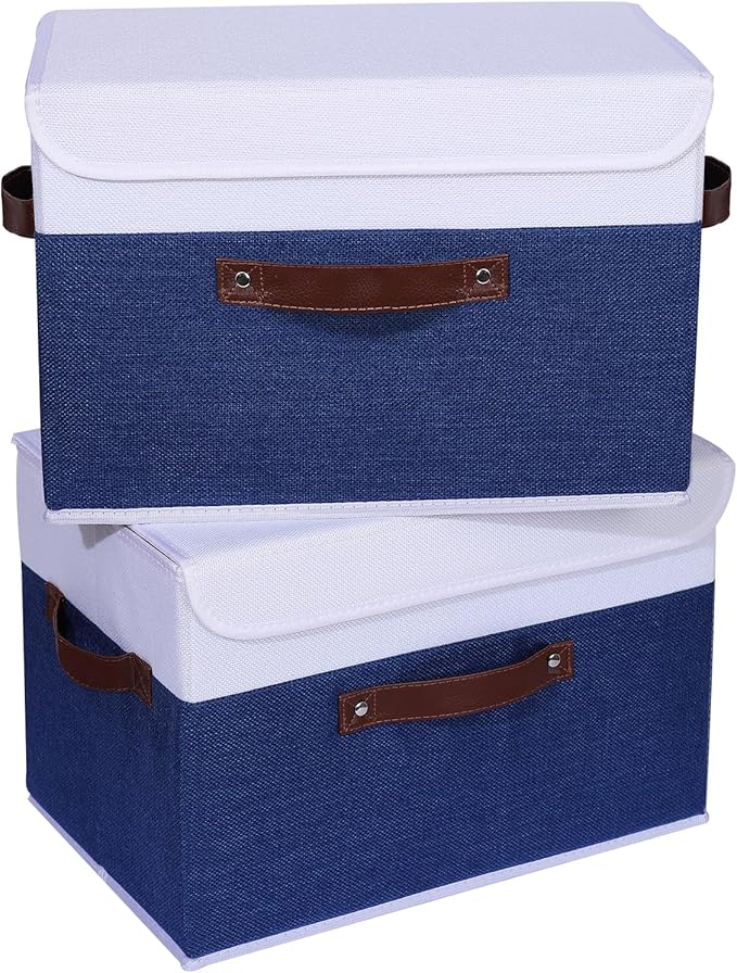 ANMINY 4PCS Storage Boxes with Lid Washable Decorative Storage Bin Basket with PU Leather Handle Foldable Linen Fabric Storage Cube Container for Home Closet Organizer - Deep Blue White, Large Size