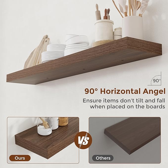 Heimlove 48 Inch Floating Shelves for Wall 8 Inch Deep Walnut Shelves Set of 2,Wall Mounted Rustic Wood Long Floating Shelf,Large Display & Storage Shelf with Invisible Brackets
