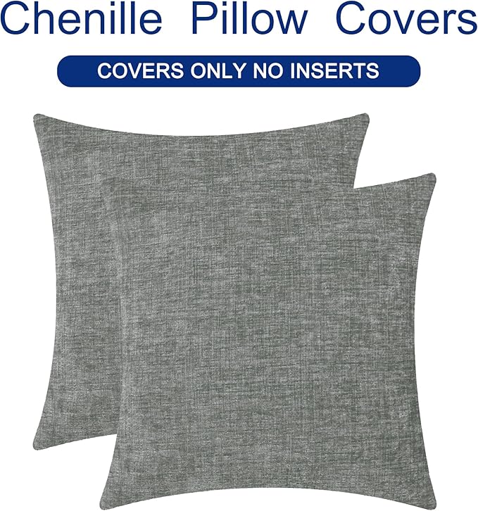 CaliTime Throw Pillow Covers Decorative 24 X 24 Inches Pack of 2 Cozy Chenille Cushion Cases for Couch Sofa Bed Living Room Home Medium Grey