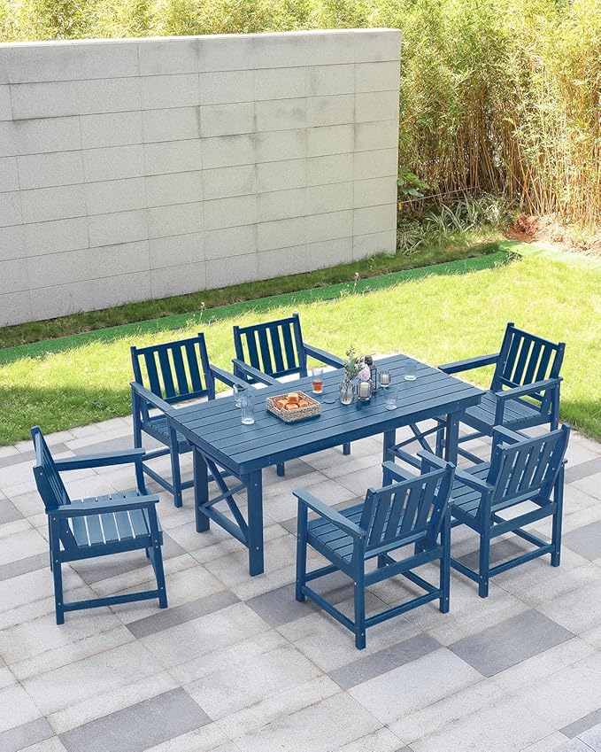 HDPE Outdoor Dining Table, 66.9” Rectangle Patio Dining Table for 6, All-Weather HDPE Outdoor Table with 2.2” Umbrella Hole, HDPE Patio Furniture for Deck, Backyard, Garden, Pool, Navy