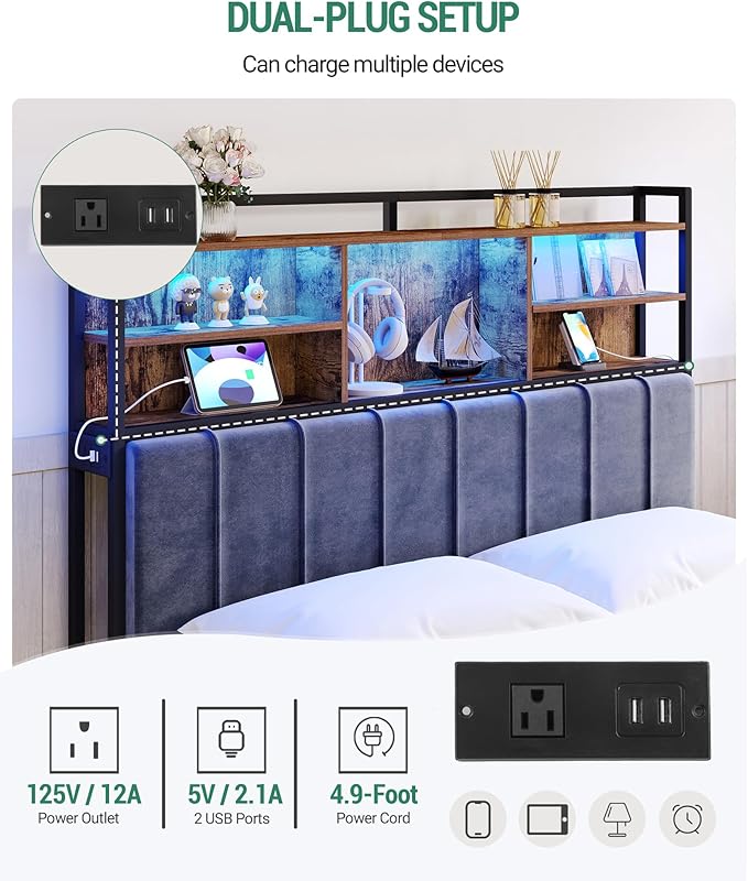 Headboard with 3-Tier Storage Shelves, Velvet Upholstered Head Board with 2 Outlets, USB Ports & LED Light, Soft Backrest for Queen Size Bed, Rustic Brown and Black BH15201BV1