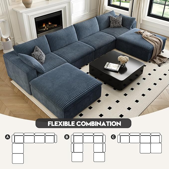 157.5" Cloud Couch Oversized Modular Sectional Sofa for Living Room,Modern Sofa with Deep Seat,U-Shape Boneless Couch with 2 Ottoman,Comfy Upholstered Couches for Apartment, Studio, Office,Blue