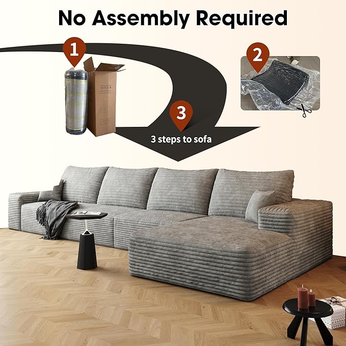 136" Sectional Couches for Living Room Modern Modular Sofa with L-Shape Couchs Upholstered Boneless Couch Deep Seat Sectional Couch with Chaise (Grey, Right Facing Chaise+3Seaters)