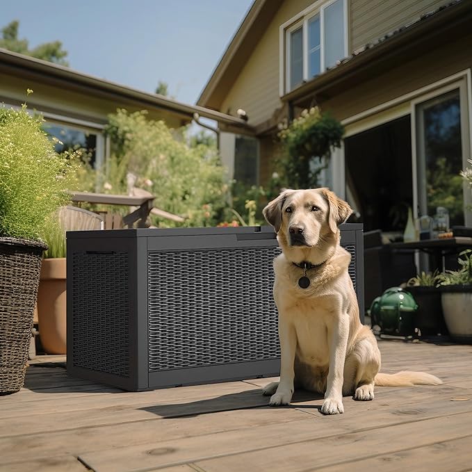 100 Gallon Outdoor Storage Box,Large Waterproof Resin Deck Box,Lockable Storage Container with Reinforced Support for Patio Cushions,Garden Tools,UV-Resistant๏ผBlack Rattan๏ผ