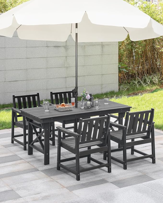 HDPE Outdoor Dining Set of 6, Patio Dining Table Set with 4 Chairs and 1 Bench, 6 Pieces HDPE Dining Set with Umbrella Hole, Outdoor Furniture Sets for Deck, Poolside, Garden, Obsidian