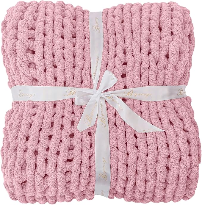 Bigacogo Chunky Knit Throw Blanket for Couch, 51x63 inches, 100% Hand Knitted with Thick Jumbo Chenille Yarn, Cozy Soft Large Rope Knot Cable Crochet Blankets for Sofa Bed Living Room, Blush Pink