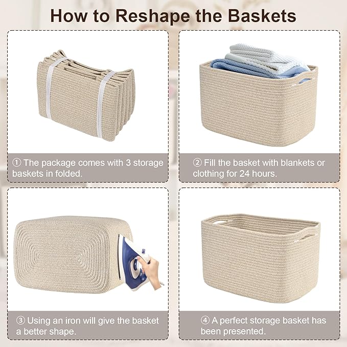 3-Pack Shelf Baskets for Organizing, Woven Storage Basket for Shelves, Cotton Rope Storage Bins for Toys Books, Nursery Towel Baskets for Classroom, 14.96"X9.8"X8.85", Brown