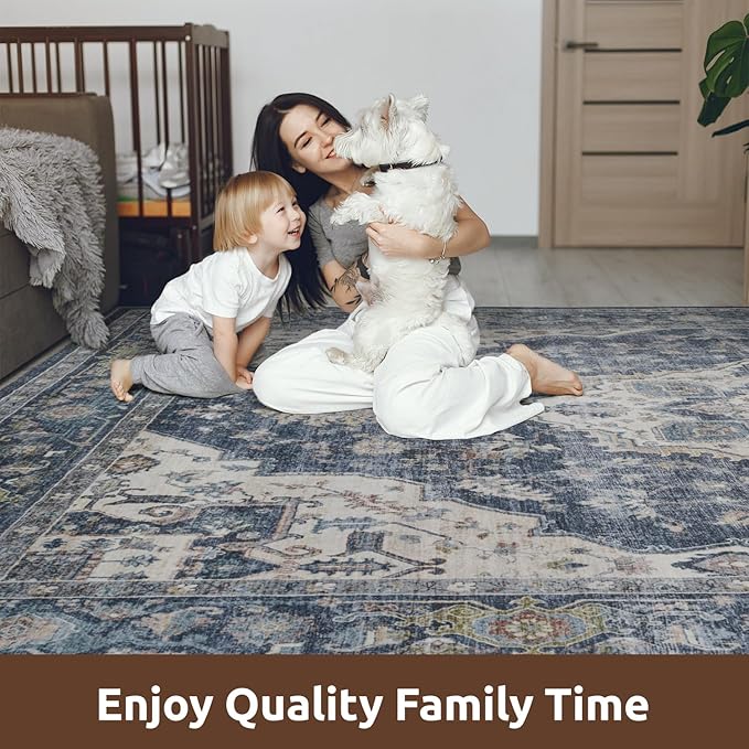 AMOAMI-2X6 Runner Rug-Washable Runners for Hallways-Soft Non Slip Bedside Rugs for Bedroom-Vintage Long Rug for Hallways Entryway Laundry Room Stair Kitchen Bathroom Blue