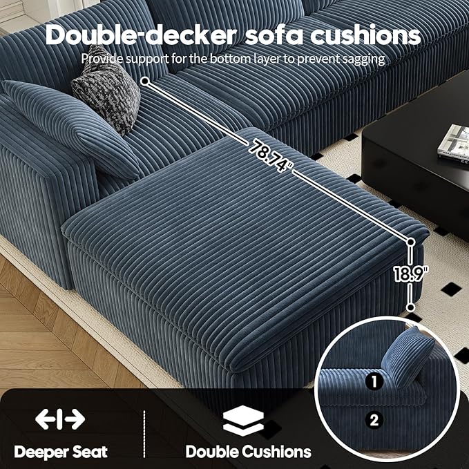 157.5" Cloud Couch Oversized Modular Sectional Sofa for Living Room,Modern Sofa with Deep Seat,U-Shape Boneless Couch with 2 Ottoman,Comfy Upholstered Couches for Apartment, Studio, Office,Blue