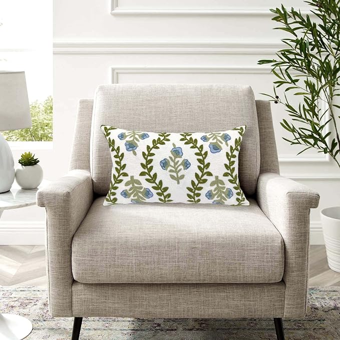 Alysheer Summer Floral Embroidered Decorative Throw Pillow Cover 12"x 20", Farmhouse Blue Flowers Green Leaves Patterned Cotton Canvas Lumbar Cushion Case for Sofa Couch Living Room Cottage Decor