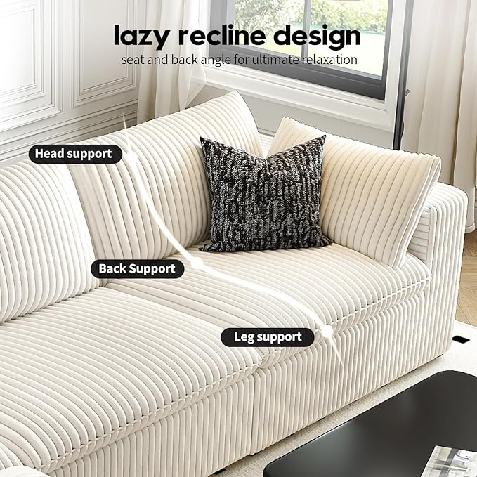 157.5" Cloud Couch Modular Sectional Sofa for Living Room,Modern Sofa with Deep Seat,L-Shape Boneless Couch with Ottoman,Comfy Upholstered Corduroy Couches for Apartment, Studio, Office,Bedroom,White
