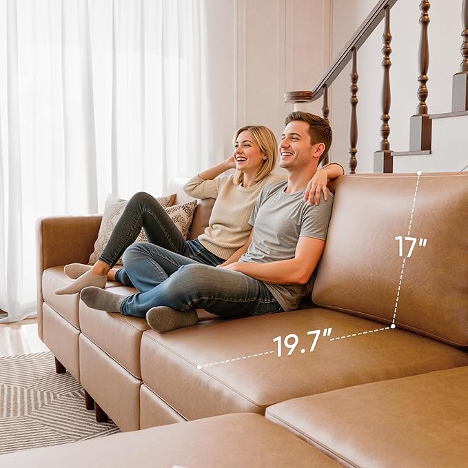 ABCASA 118.5" Oversized Modular Sectional Sofa, Faux Leather 6 Seater U Shaped Couch with Movable Ottoman and Storage Seat with Reversible Chaise Deep Seat for Living Room Brown