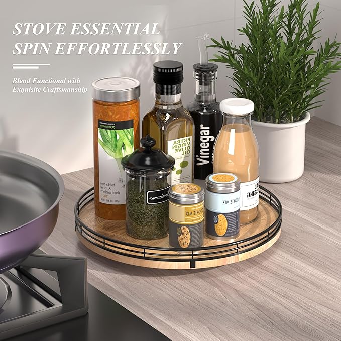 12" Lazy Susan Oak Wood Turntable Organizer for Cabinet, Farmhouse Round Wooden Lazy Susan Organization and Storage for Dining Table, Pantry, Kitchen, Bathroom, Countertop, Cupboard, Home Decor