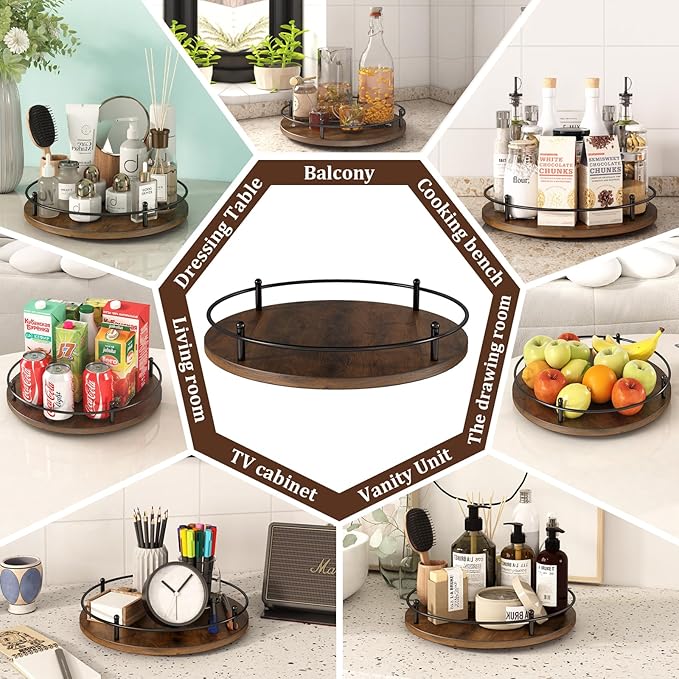12" Lazy Susan Turntable Organizer,Round Wooden Lazy Susan Organization and Rotating Spice Rack for Dining Table,Pantry,Kitchen Countertop,Vanity,Cupboard and More.Vintage Wood(Round)
