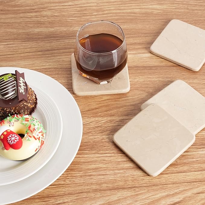 BCS Marble Coasters Set of 5 with Holder, Square Stone Drink Coasters for Coffee, Wine and Cocktails, Non-Slip Durable Cup Mats, Elegant Home, Bar & Kitchen Table Decor (Crema Beige)