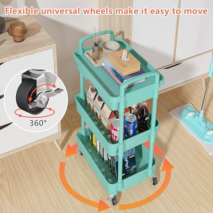 Calmootey 3-Tier Rolling Utility Cart with Drawer,Multifunctional Storage Organizer with Plastic Shelf & Metal Wheel,Storage Cart for Kitchen,Bathroom,Living Room,Office,Green