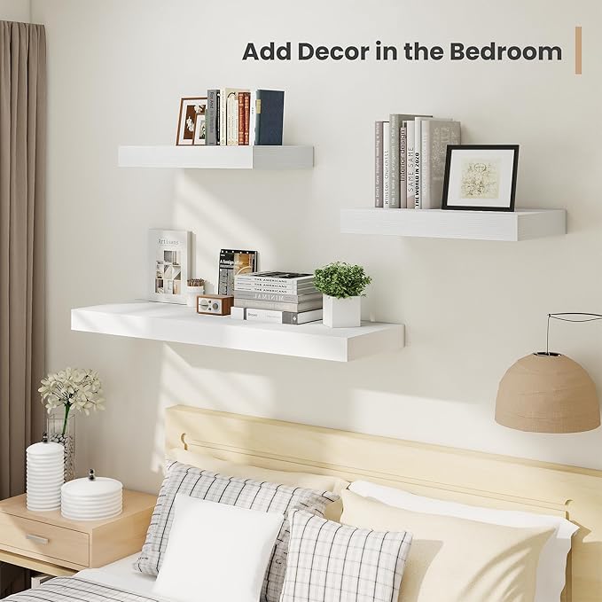 Heimlove 12 Inch Deep Floating Shelves, 48 x 12 inches Long Wall Shelf, Large Display Shelf & Storage Shelf, Rustic Wood Wall Shelves for Fireplace Mantel, Set of 2(White)