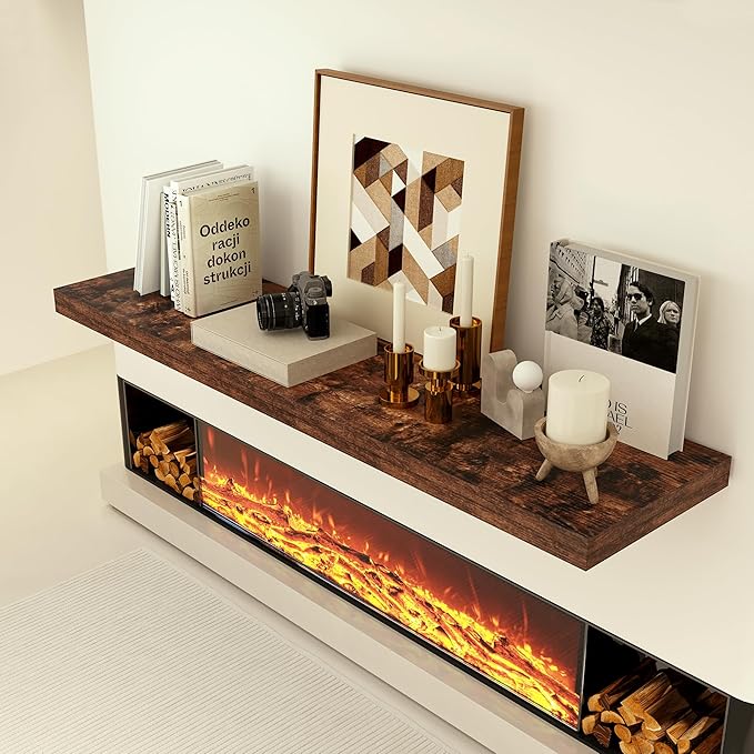 Heimlove 24 x 12 Inch Deep Floating Shelves Wall Mounted with Invisible Brackets,Storage Hanging Shelf for Wall Decor in Bathroom, Bedroom, Kitchen, Living Room, Office Set of 1 (Rustic Brown)