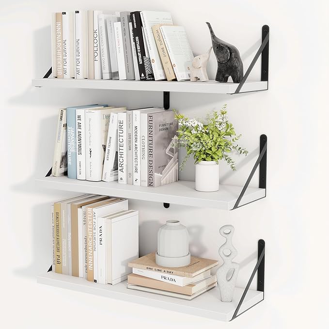 Heimlove 24 Inches White Floating Shelves,8 Inches Deep Wall Bookshelf Mounted Display&Storage Wood Wall Shelves for Kitchen Bathroom Laundry Living Room,Set of 3