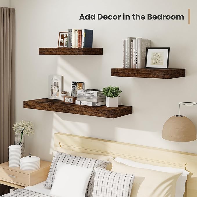 Heimlove 12" Deep Floating Shelves, 36 x 12 Inch Wall Mounted Long Floating Shelf with Invisible Brackets, for Home Decor, Bedroom, Kitchen, Living Room, Bathroom - 2 Pack, Rustic Brown