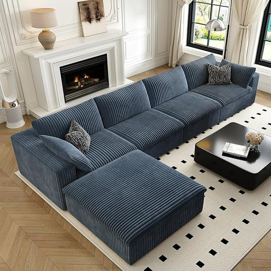 157.5" Cloud Couch Modular Sectional Sofa for Living Room,Modern Sofa with Deep Seat,L-Shape Boneless Couch with Ottoman,Comfy Upholstered Corduroy Couches for Apartment, Studio, Office,Bedroom,Blue