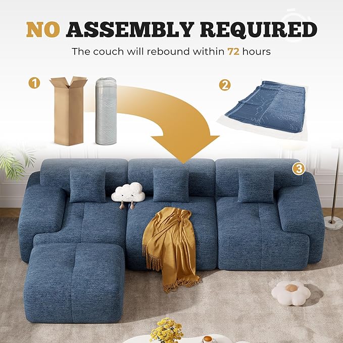 122" Modern L Shaped Modular Sectional Sofa, Boneless Couches for Living Room with Ottoman,4 Seater Convertible Chenille Cloud Couch Sofa Set, No Assembly Required, Blue 1 PCS