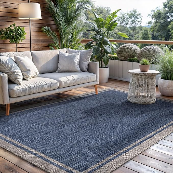 CAMILSON Outdoor Rug, 9x12 Bordered Navy Blue Gray Modern Large Area Rugs for Indoor and Outdoor Patios, Porches Waterproof Washable Porch Deck Outside Carpet (Bordered Navy, 9 x 12)