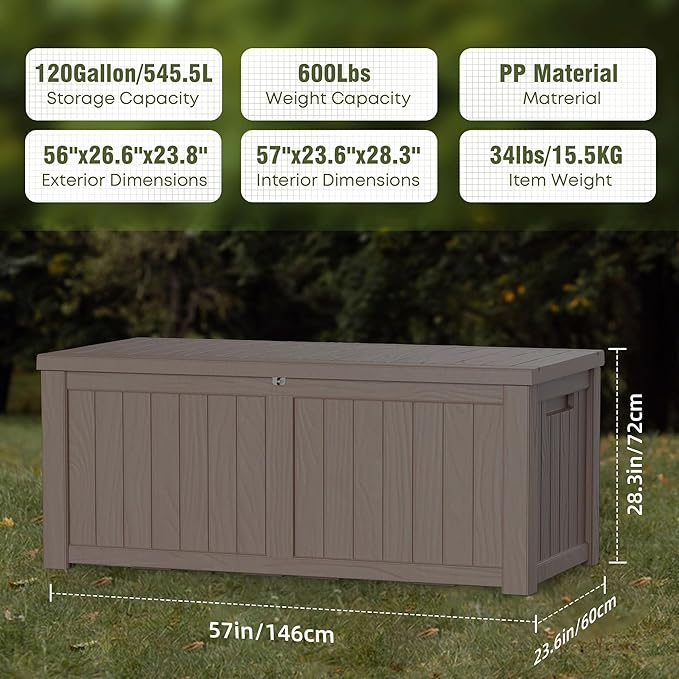 120 Gallon Patio Storage Box, Large Deck Box for Patio Furniture Covers, Cushion Pillows, Waterproof Outdoor Storage Bench for Towels, Garden Tools and Pool Accessories, Grey