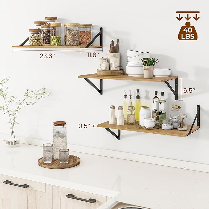 Heimlove 24" W x 12" D Wall Shelves for Books, 12 Inch Deep Floating Shelves Set of 3, Wide Floating Bookshelf with Metal Bracket for Living Room, Kitchen, Office, Bedroom and Decor Storage - Oak