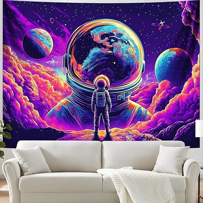 BVBOX Astronaut Space Blacklight Tapestry 79"x59", UV Reactive Astronaut Universe Planet Glow in Dark Tapestries, Black Light Neon Upright Poster Wall Hanging Backdrop Decor for Bedroom Living Room