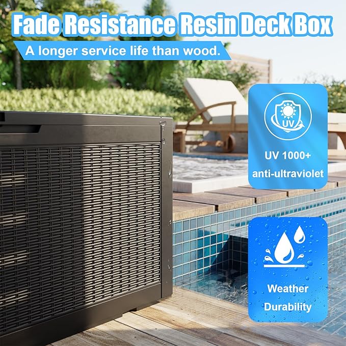 100 Gallon Outdoor Storage Box,Large Waterproof Resin Deck Box,Lockable Storage Container with Reinforced Support for Patio Cushions,Garden Tools,UV-Resistant๏ผBlack Rattan๏ผ